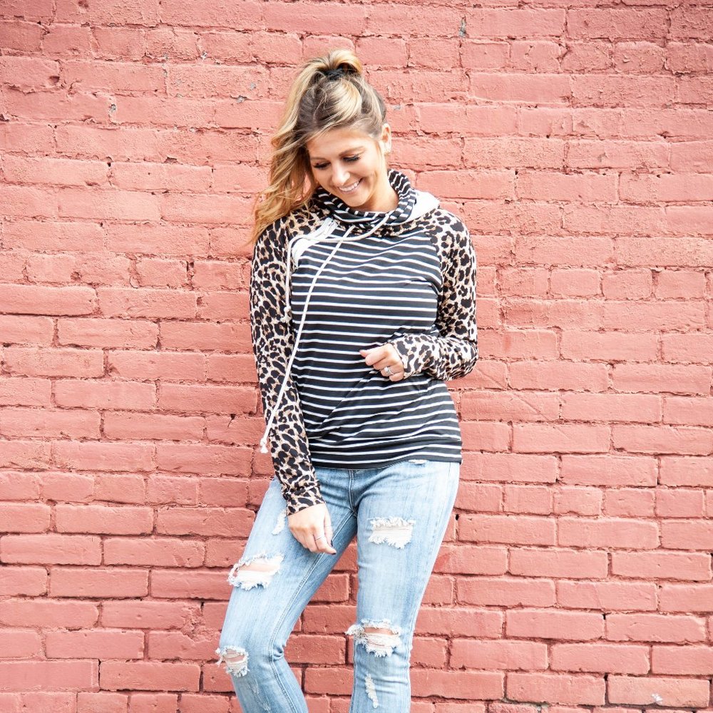 Leopard and Stripe print double hoodie